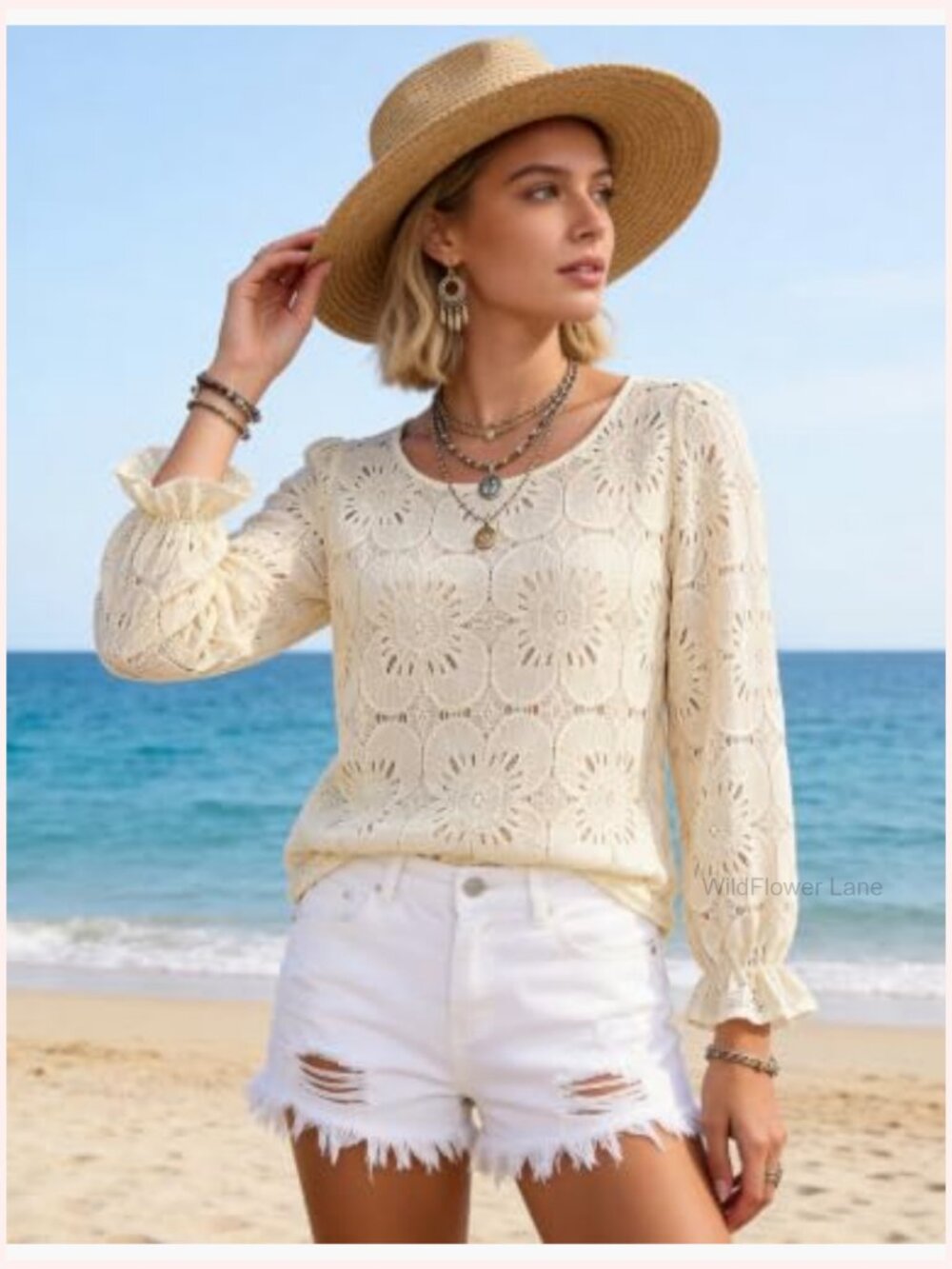 Elegant Eyelet Lace Long Sleeve Top Dressy Casual Blouse Office Shirt - Picture 4 of 7